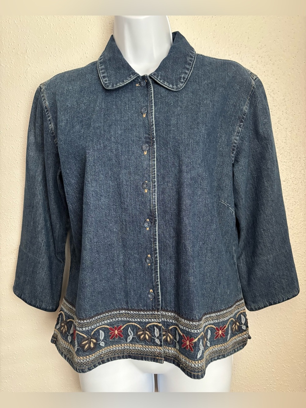 Women's Blue Denim Button-Front Shirt Jacket with Embroidered Hem